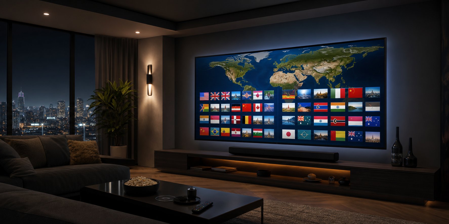 Latino family watching live soccer match on big screen TV with Spanish commentary
